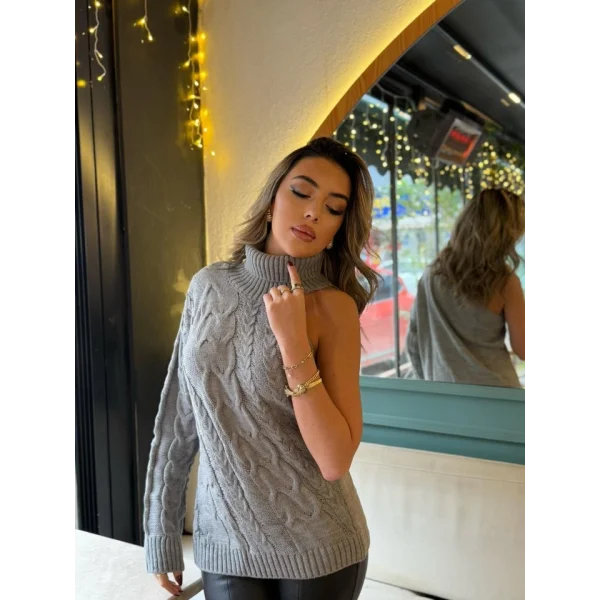 Kadın Uzun Kollu Balıkçı Yaka örgü Detay Tek Kol Triko Kazak