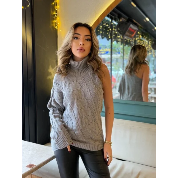 Kadın Uzun Kollu Balıkçı Yaka örgü Detay Tek Kol Triko Kazak