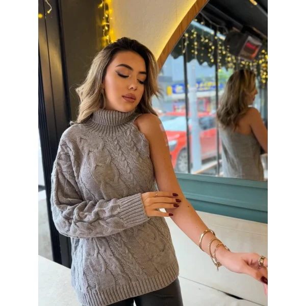 Kadın Uzun Kollu Balıkçı Yaka örgü Detay Tek Kol Triko Kazak