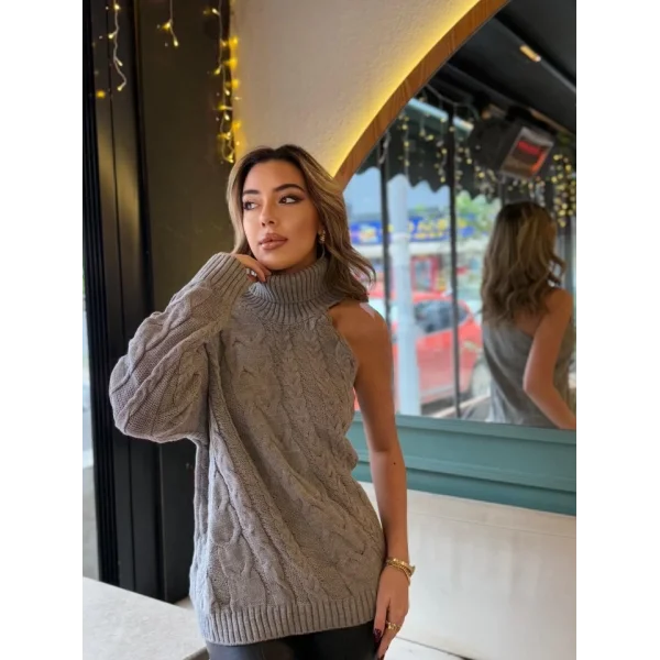Kadın Uzun Kollu Balıkçı Yaka örgü Detay Tek Kol Triko Kazak