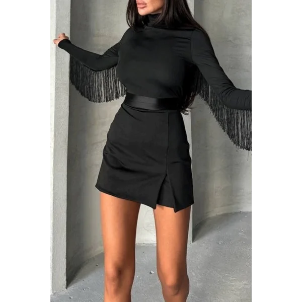 Kadın Uzun Kollu Balıkçı Yaka Püsküllü Kuşaklı Ithal Krep Tulum