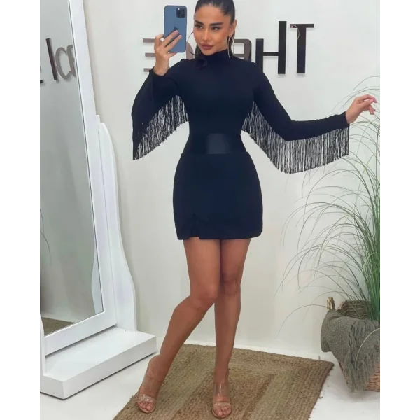 Kadın Uzun Kollu Balıkçı Yaka Püsküllü Kuşaklı Ithal Krep Tulum