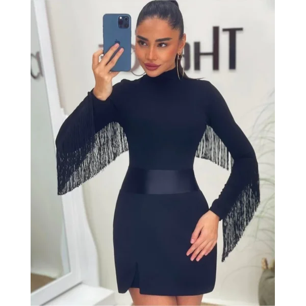 Kadın Uzun Kollu Balıkçı Yaka Püsküllü Kuşaklı Ithal Krep Tulum