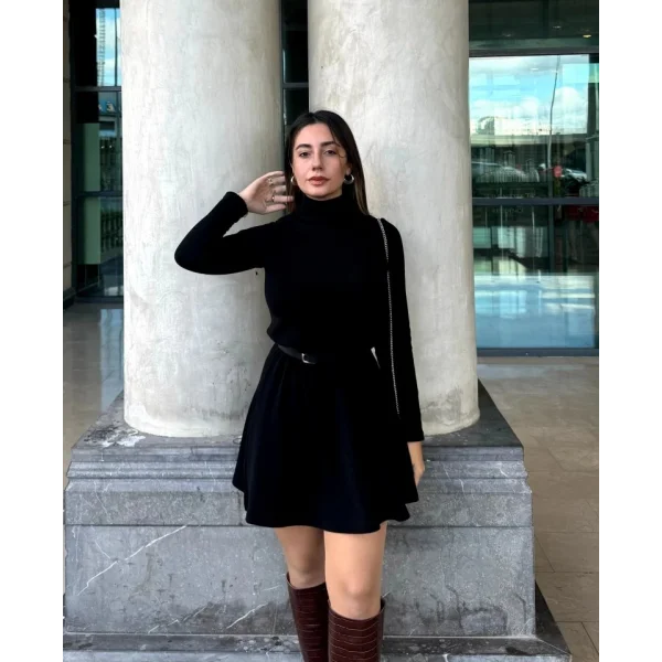 Kadın Uzun Kollu Balıkçı Yaka Salaş Kusa Akrilik Elbise