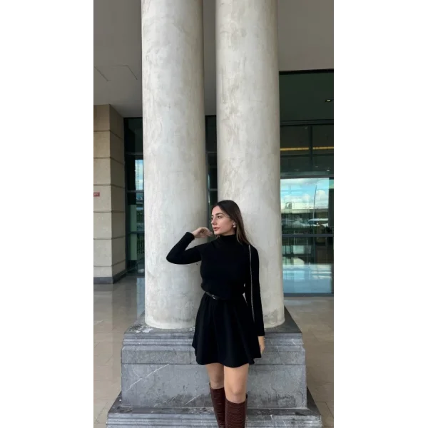 Kadın Uzun Kollu Balıkçı Yaka Salaş Kusa Akrilik Elbise