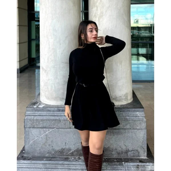 Kadın Uzun Kollu Balıkçı Yaka Salaş Kusa Akrilik Elbise