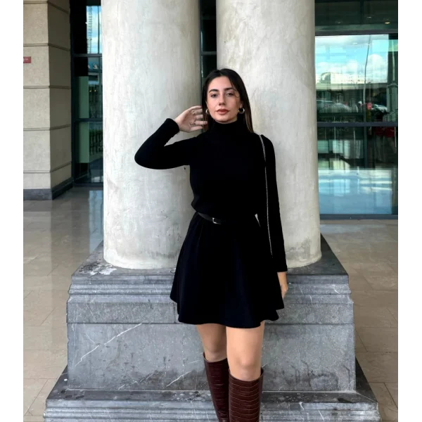 Kadın Uzun Kollu Balıkçı Yaka Salaş Kusa Akrilik Elbise