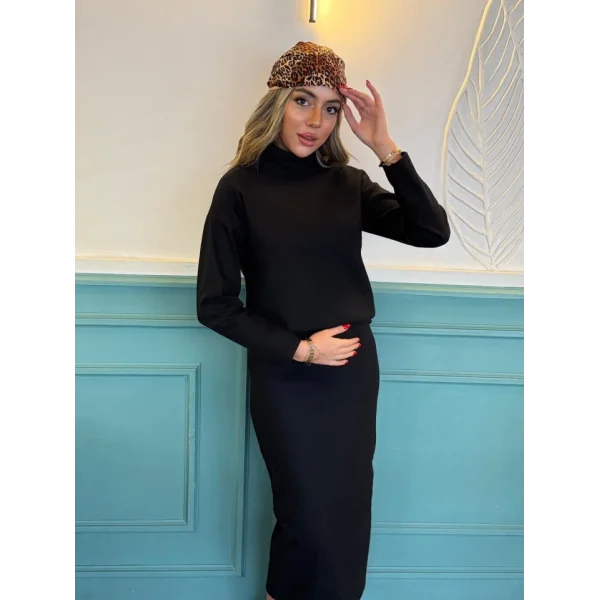 Kadın Uzun Kollu Balıkçı Yaka şardonlu Bluz Etek Takım