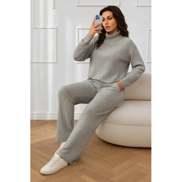 Kadın Uzun Kollu Balıkçı Yaka şardonlu Bluz Ve Pantolon Ikili Takım