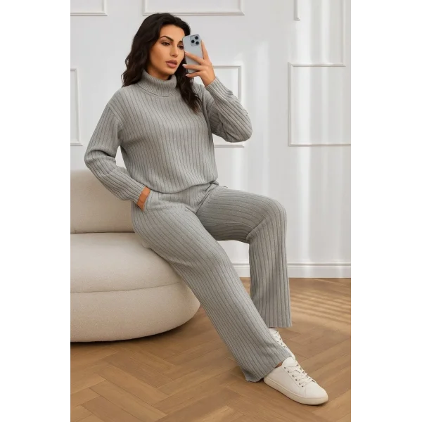 Kadın Uzun Kollu Balıkçı Yaka şardonlu Bluz Ve Pantolon Ikili Takım