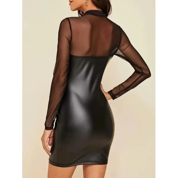 Kadın Uzun Kollu Balıkçı Yaka Tül Detaylı Mini Deri Elbise