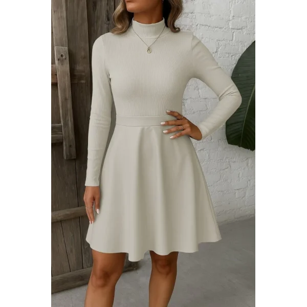 Kadın Uzun Kollu Balıkçı Yaka üst Kaşkorse Alt Deri Detaylı Mini Elbise