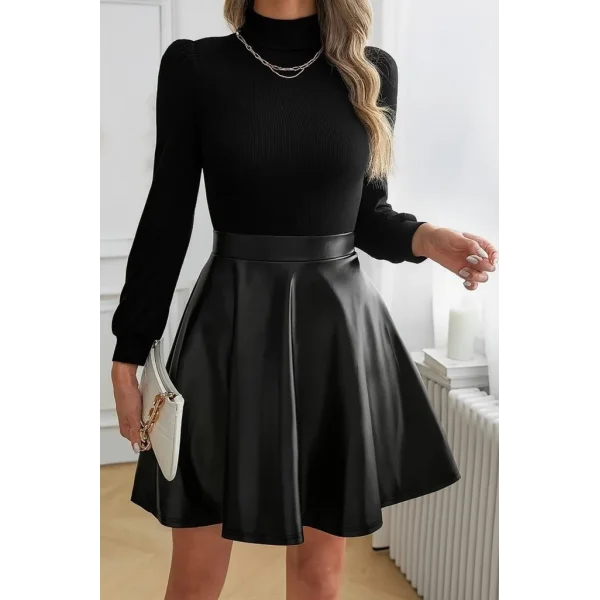 Kadın Uzun Kollu Balıkçı Yaka üst Kaşkorse Alt Deri Detaylı Mini Elbise
