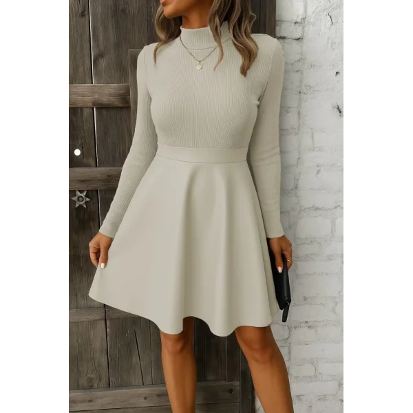 Kadın Uzun Kollu Balıkçı Yaka üst Kaşkorse Alt Deri Detaylı Mini Elbise