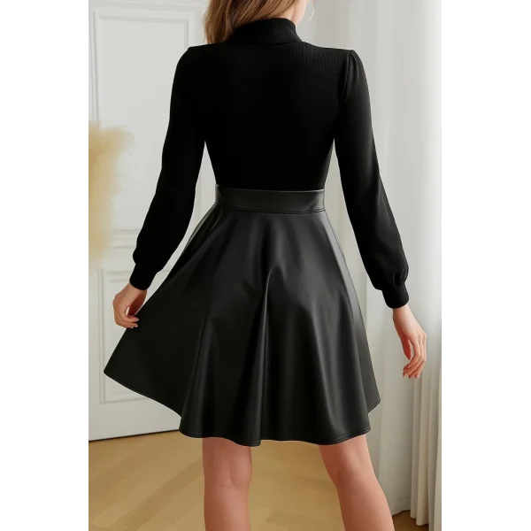 Kadın Uzun Kollu Balıkçı Yaka üst Kaşkorse Alt Deri Detaylı Mini Elbise
