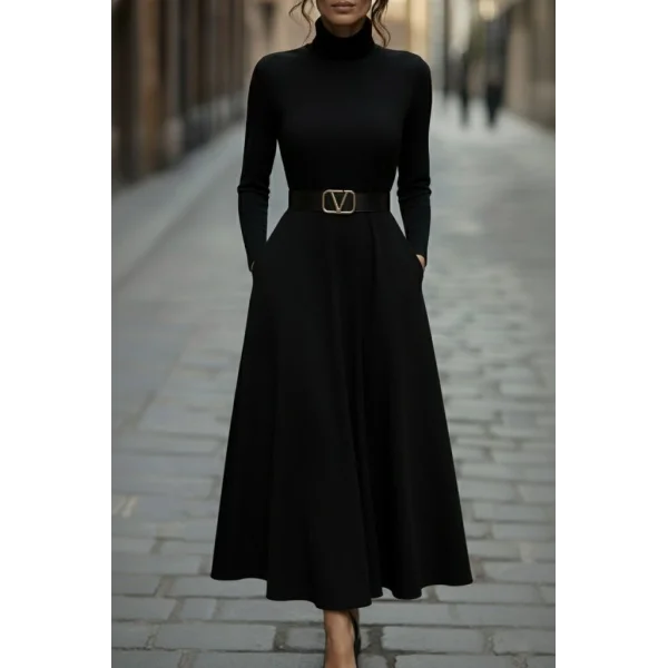 Kadın Uzun Kollu Balıkçı Yaka Uzun Akrilik Elbise