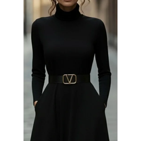 Kadın Uzun Kollu Balıkçı Yaka Uzun Akrilik Elbise