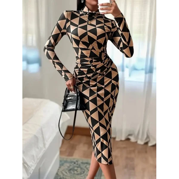 Kadın Uzun Kollu Balıkçı Yaka Yandan Büzgülü Yırtmaçlı Modal Midi Elbise