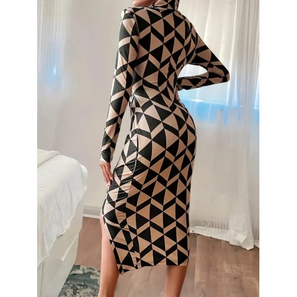 Kadın Uzun Kollu Balıkçı Yaka Yandan Büzgülü Yırtmaçlı Modal Midi Elbise