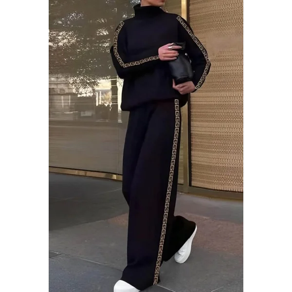 Kadın Uzun Kollu Balıkçı Yaka Yanlardan şerit Detaylı şardonlu Dalgıç Ve Pantolon Ikili Takım