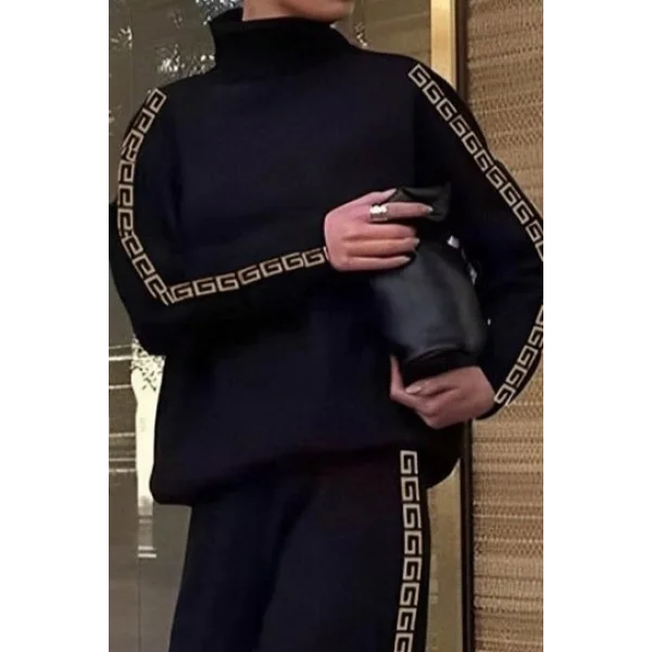 Kadın Uzun Kollu Balıkçı Yaka Yanlardan şerit Detaylı şardonlu Dalgıç Ve Pantolon Ikili Takım