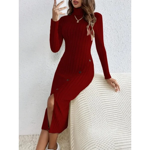 Kadın Uzun Kollu Balıkçı Yaka Yırtmaçlı Düğmeli şardonlu Kaşkorse Elbise