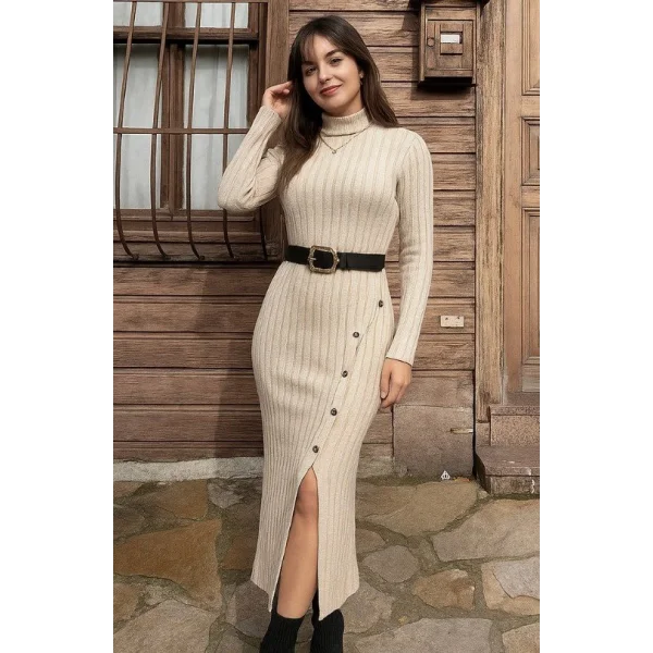 Kadın Uzun Kollu Balıkçı Yaka Yırtmaçlı Düğmeli şardonlu Kaşkorse Elbise