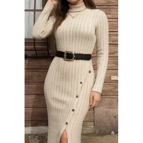 Kadın Uzun Kollu Balıkçı Yaka Yırtmaçlı Düğmeli şardonlu Kaşkorse Elbise