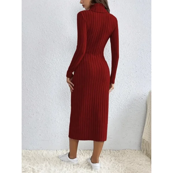 Kadın Uzun Kollu Balıkçı Yaka Yırtmaçlı Düğmeli şardonlu Kaşkorse Elbise