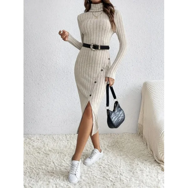 Kadın Uzun Kollu Balıkçı Yaka Yırtmaçlı Düğmeli şardonlu Kaşkorse Elbise