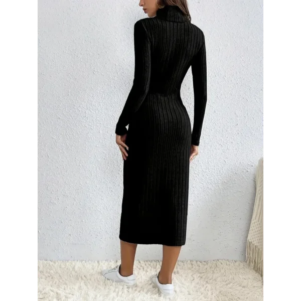 Kadın Uzun Kollu Balıkçı Yaka Yırtmaçlı Düğmeli şardonlu Kaşkorse Elbise