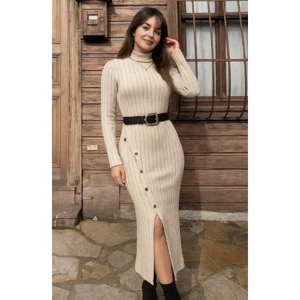 Kadın Uzun Kollu Balıkçı Yaka Yırtmaçlı Düğmeli şardonlu Kaşkorse Elbise