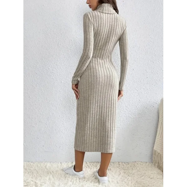 Kadın Uzun Kollu Balıkçı Yaka Yırtmaçlı Düğmeli şardonlu Kaşkorse Elbise