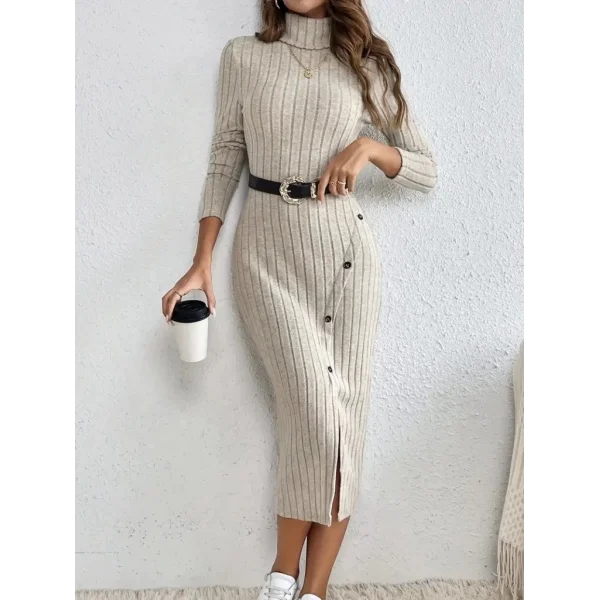 Kadın Uzun Kollu Balıkçı Yaka Yırtmaçlı Düğmeli şardonlu Kaşkorse Elbise