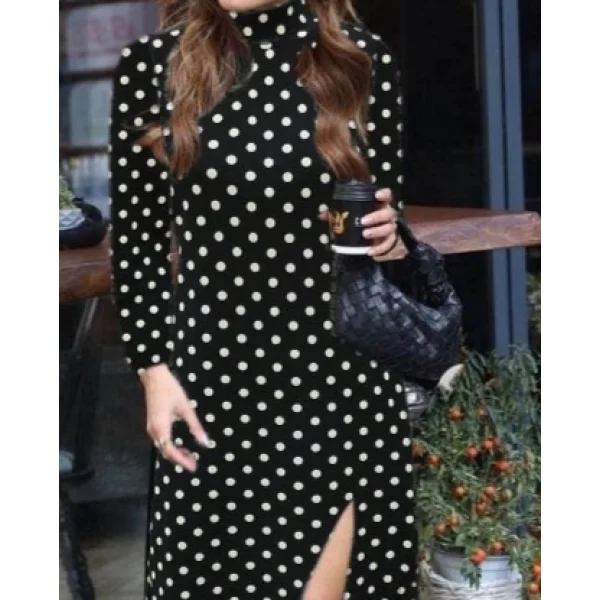 Kadın Uzun Kollu Balıkçı Yaka Yırtmaçlı Krep Elbise