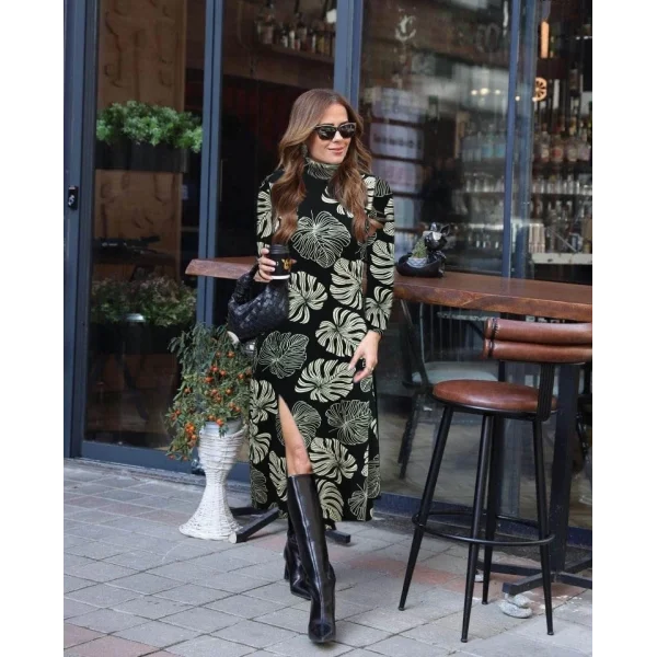 Kadın Uzun Kollu Balıkçı Yaka Yırtmaçlı Krep Elbise