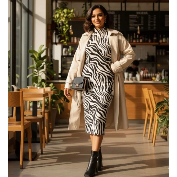 Kadın Uzun Kollu Balıkçı Yaka Zebra Detay Midi Boy Elbise