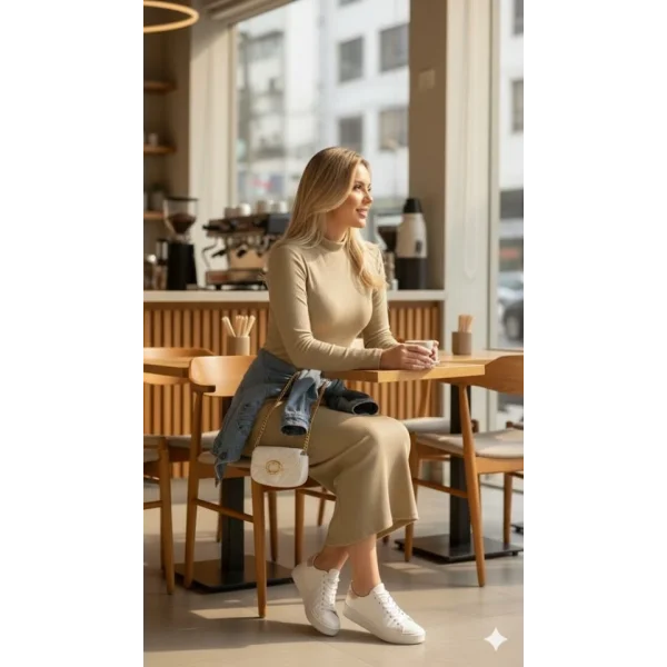 Kadın Uzun Kollu Balıkçı Yakalı Yanlardan Yırtmaçlı Kaşkorse Maxi Elbise