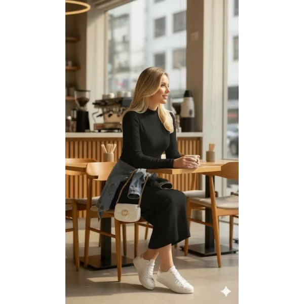 Kadın Uzun Kollu Balıkçı Yakalı Yanlardan Yırtmaçlı Kaşkorse Maxi Elbise