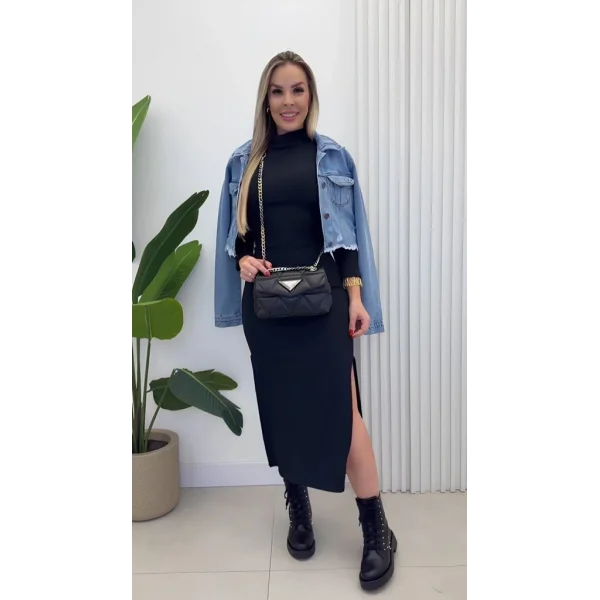 Kadın Uzun Kollu Balıkçı Yakalı Yanlardan Yırtmaçlı Kaşkorse Maxi Elbise