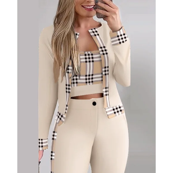 Kadın Uzun Kollu Baskılı Dalgıç Ceket Bluz Ve Pantolon 3lü Takım