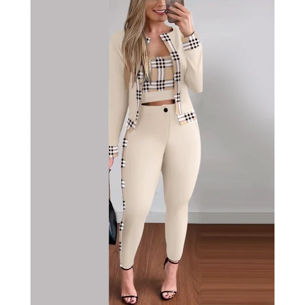 Kadın Uzun Kollu Baskılı Dalgıç Ceket Bluz Ve Pantolon 3lü Takım