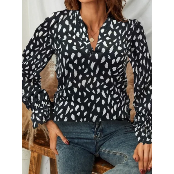 Kadın Uzun Kollu Baskılı Hakim Yaka Helen Kumaş Bluz