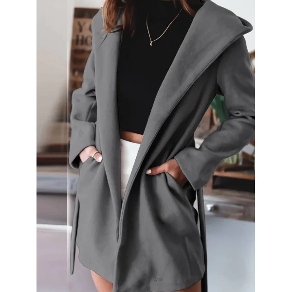 Kadın Uzun Kollu Belden Kuşaklı Kapşonlu Kısa Kaşe Kaban