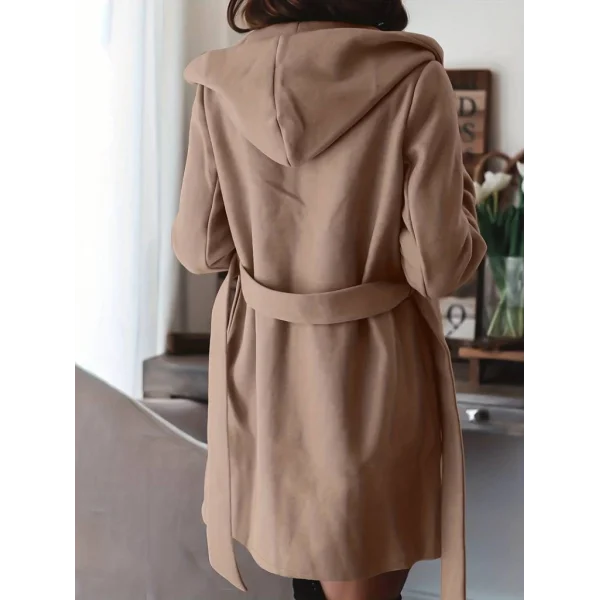 Kadın Uzun Kollu Belden Kuşaklı Kapşonlu Kısa Kaşe Kaban