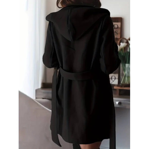 Kadın Uzun Kollu Belden Kuşaklı Kapşonlu Kısa Kaşe Kaban