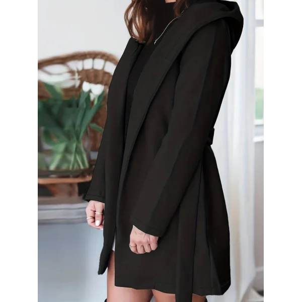 Kadın Uzun Kollu Belden Kuşaklı Kapşonlu Kısa Kaşe Kaban