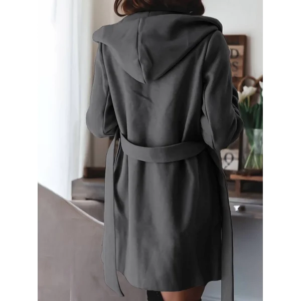 Kadın Uzun Kollu Belden Kuşaklı Kapşonlu Kısa Kaşe Kaban