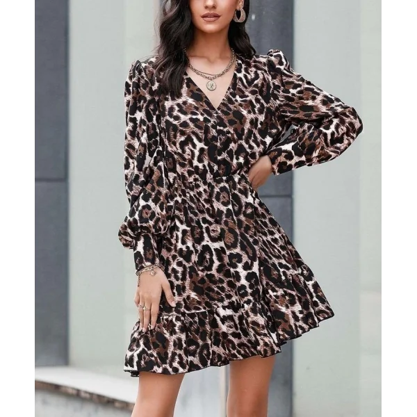 Kadın Uzun Kollu Beli astikli Etek Ucu Volanlı eopar Desen Krep Elbise