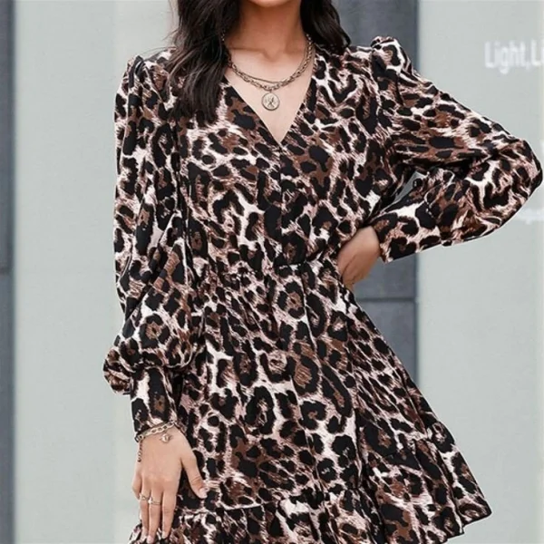 Kadın Uzun Kollu Beli astikli Etek Ucu Volanlı eopar Desen Krep Elbise